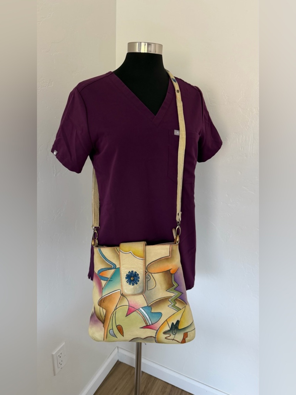 Hand-Painted Leather Cream Crossbody Bag with Floral Accent